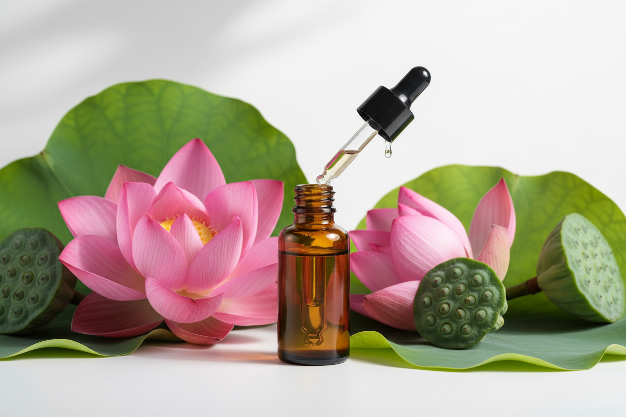 Frasco con extracto de loto ámbar claro y flores rosadas