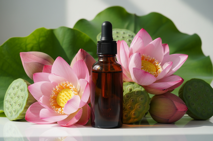 Frasco con extracto de loto ámbar oscuro y flores rosadas