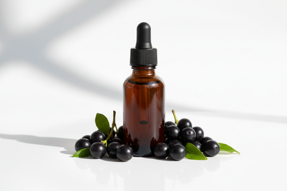 Frasco con extracto de maqui berry ámbar oscuro y bayas púrpuras