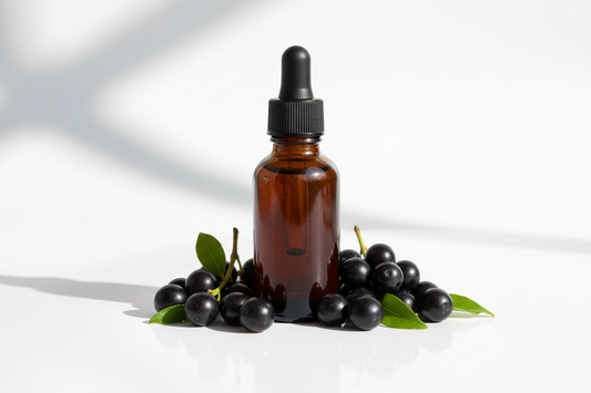 Frasco con extracto de maqui berry ámbar oscuro y bayas púrpuras