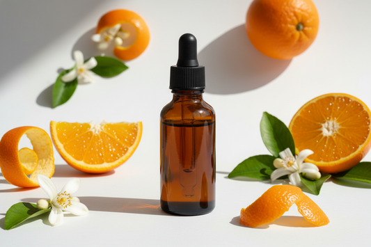 Frasco con extracto de naranja amarga ámbar oscuro y naranjas