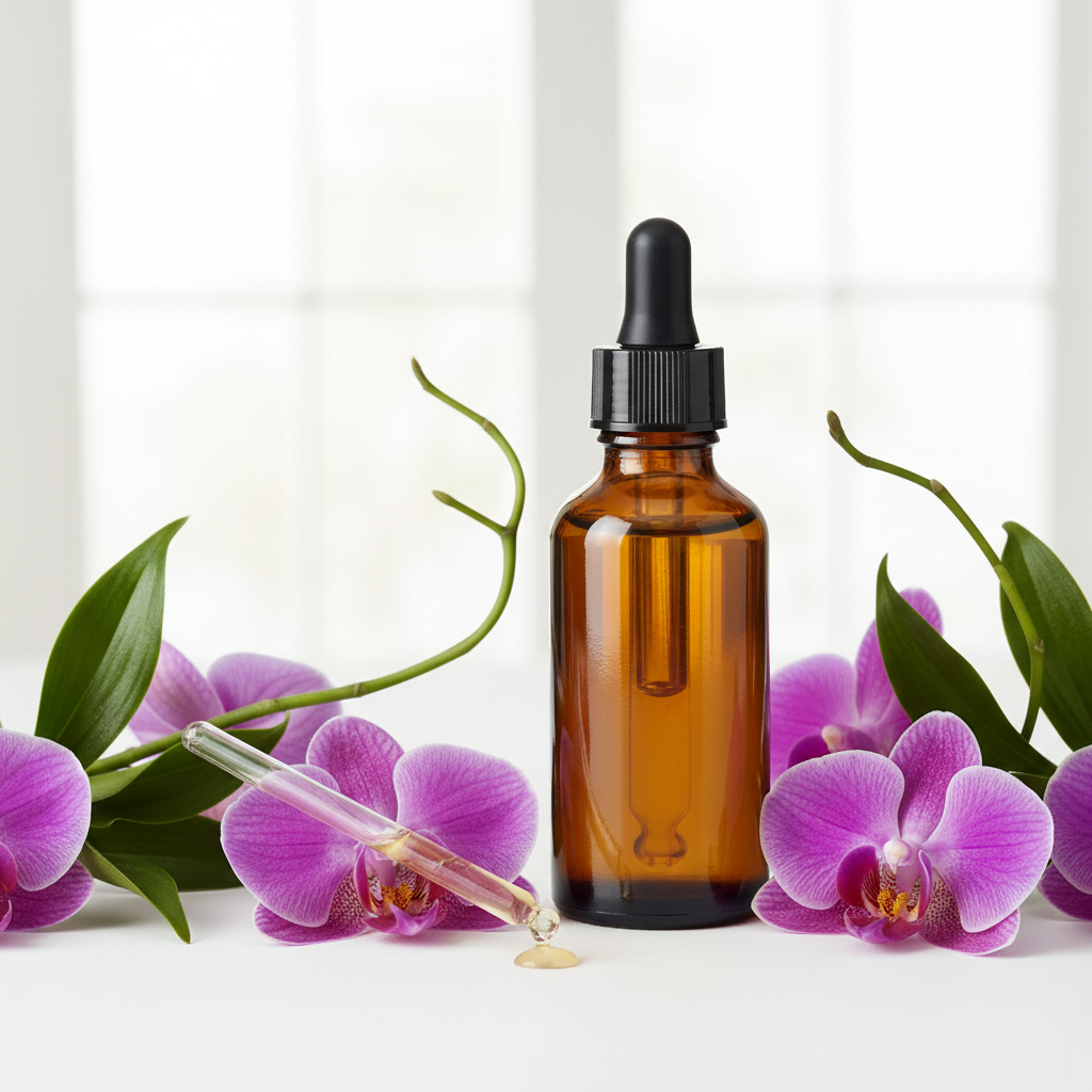 Frasco con extracto de orquídea y flores