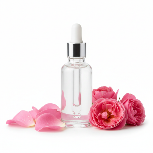 Frasco con extracto de rosa damascena