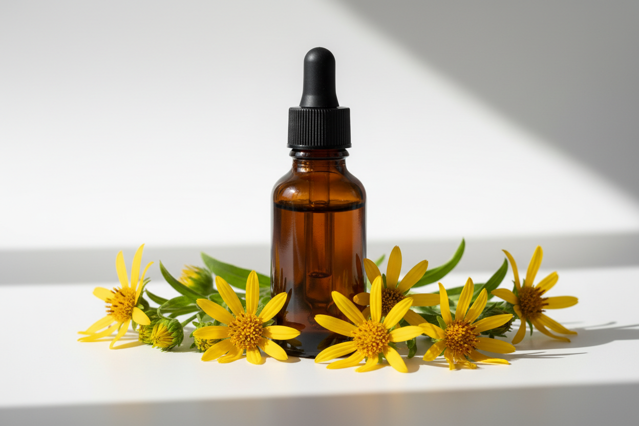 Frasco con extracto ámbar oscuro y flores de árnica