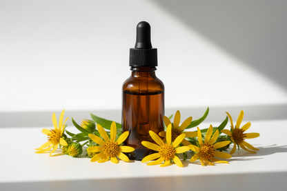Frasco con extracto ámbar oscuro y flores de árnica
