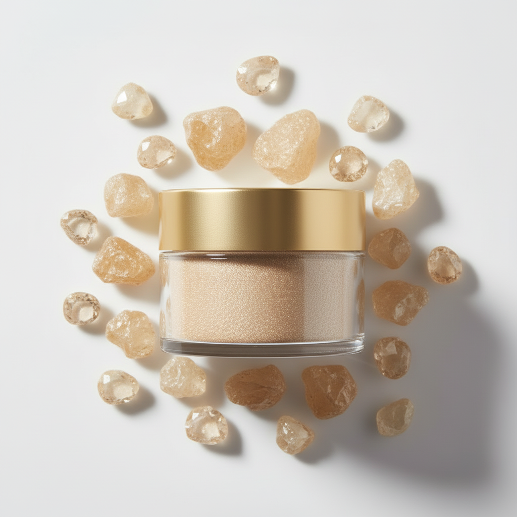 Flat lay pigmento dorado suave rodeado de piedras champagne