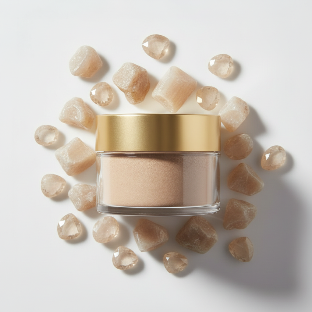 Flat lay pigmento filler flawless rodeado de piedras beige