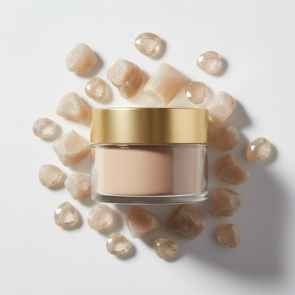 Flat lay pigmento filler flawless rodeado de piedras beige