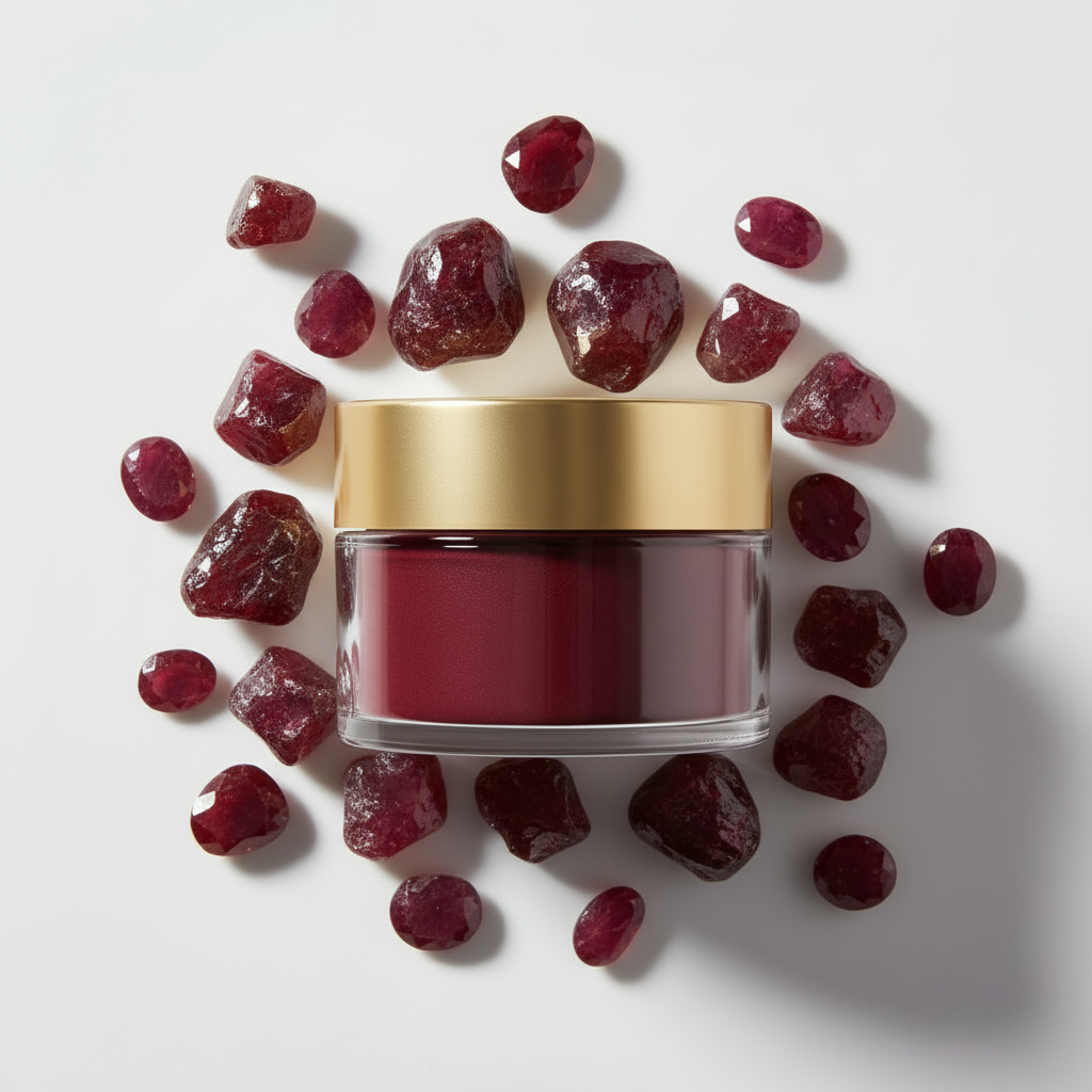 Flat lay pigmento rojo profundo mate rodeado de piedras burgundy