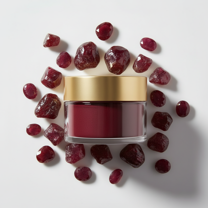 Flat lay pigmento rojo profundo mate rodeado de piedras burgundy