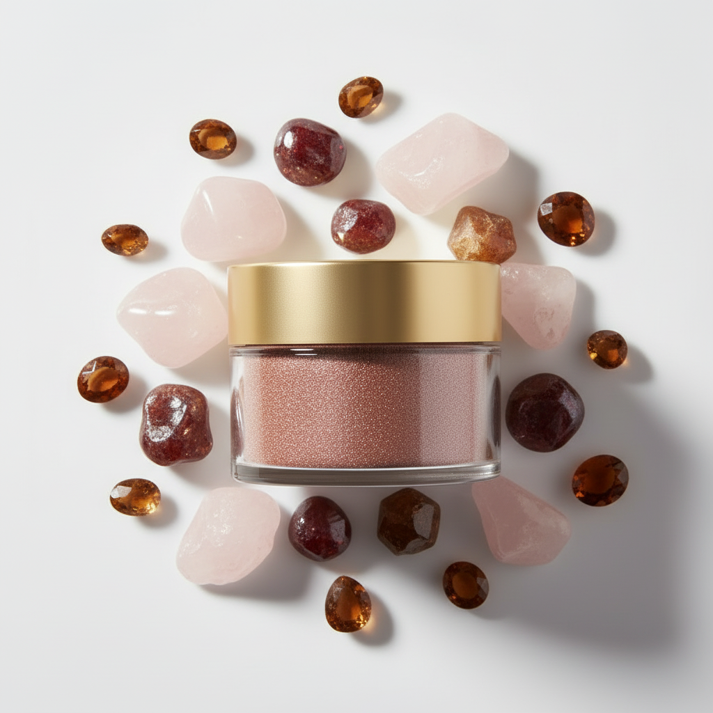 Flat lay pigmento sienna rodeado de piedras rosadas