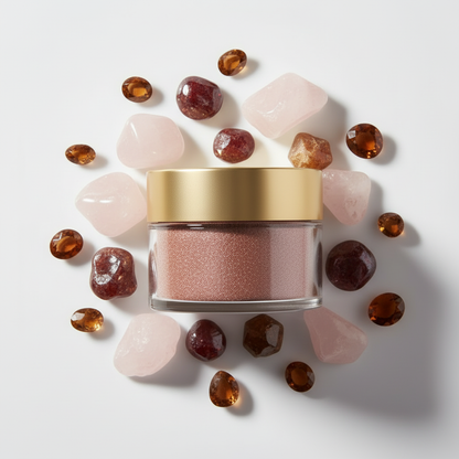 Flat lay pigmento sienna rodeado de piedras rosadas