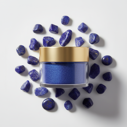 Flat lay pigmento azul intenso rodeado de piedras zafiro