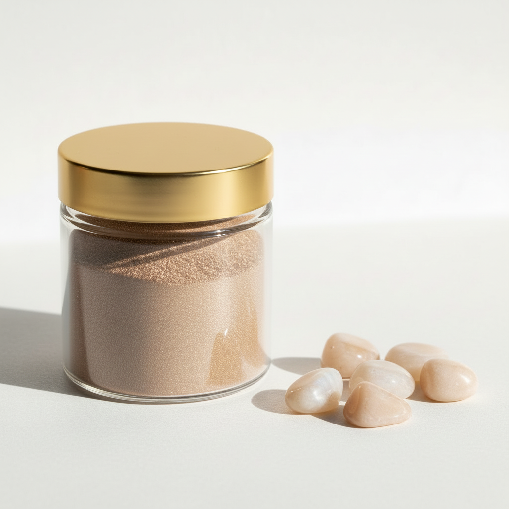 Frasco de pigmento filler flawless con tapa dorada y piedras naturales