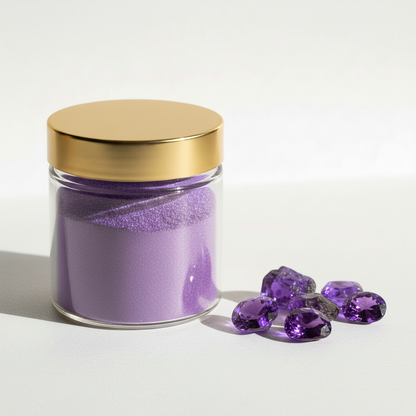 Frasco de pigmento violeta patagónica con tapa dorada y piedras naturales