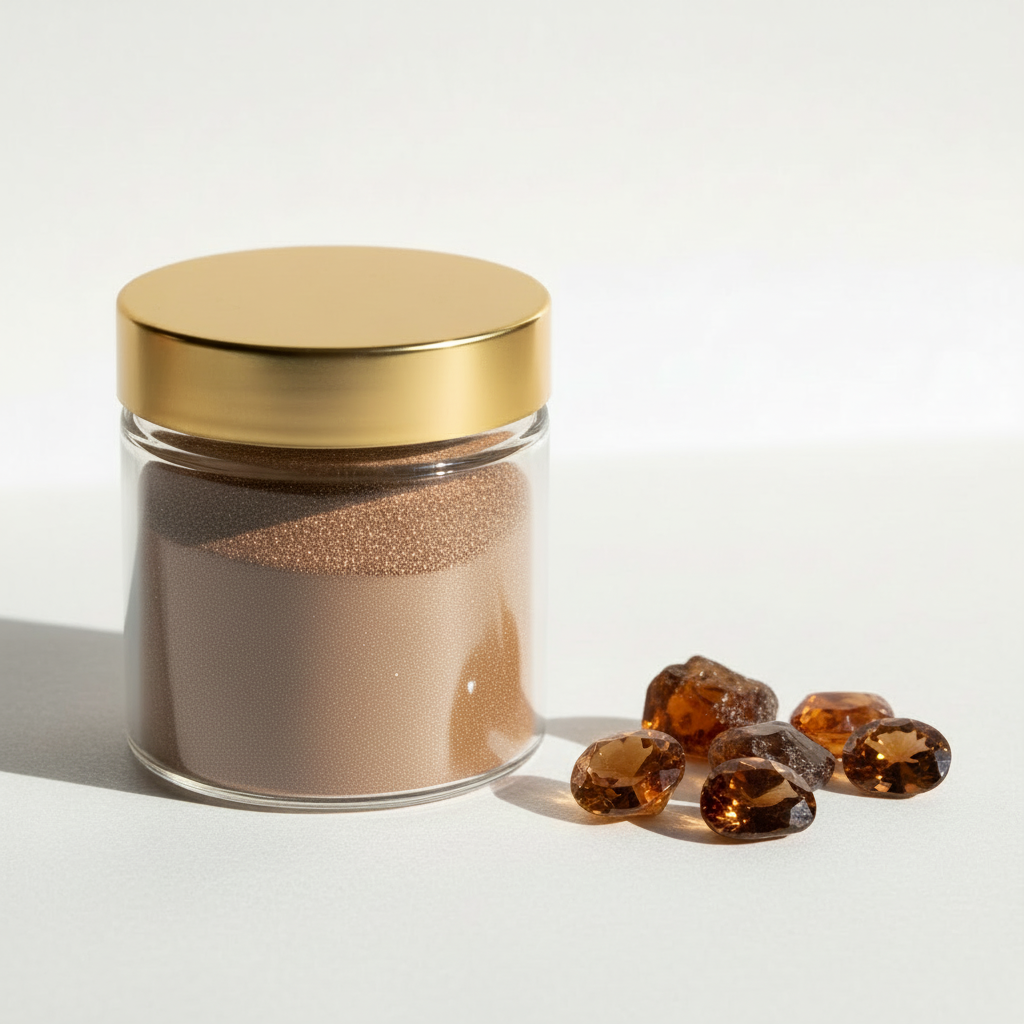 Frasco de pigmento cobre brillante con tapa dorada y piedras naturales