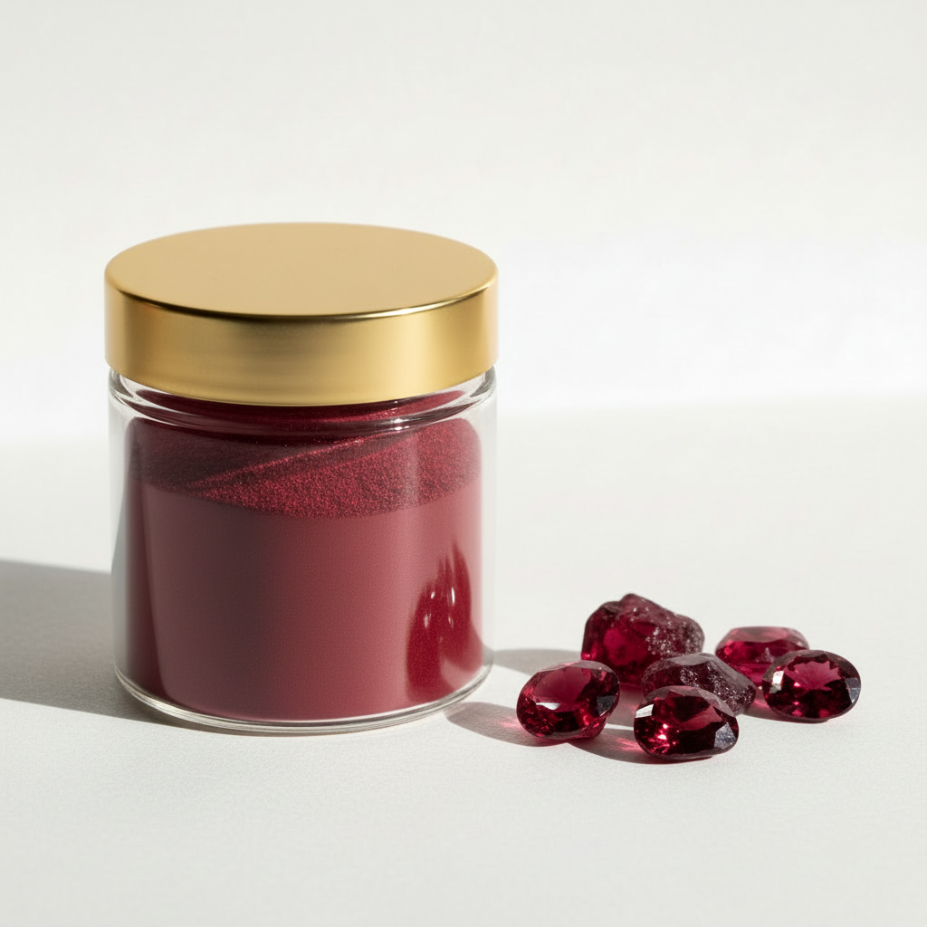 Frasco de pigmento rojo profundo mate con tapa dorada y piedras naturales