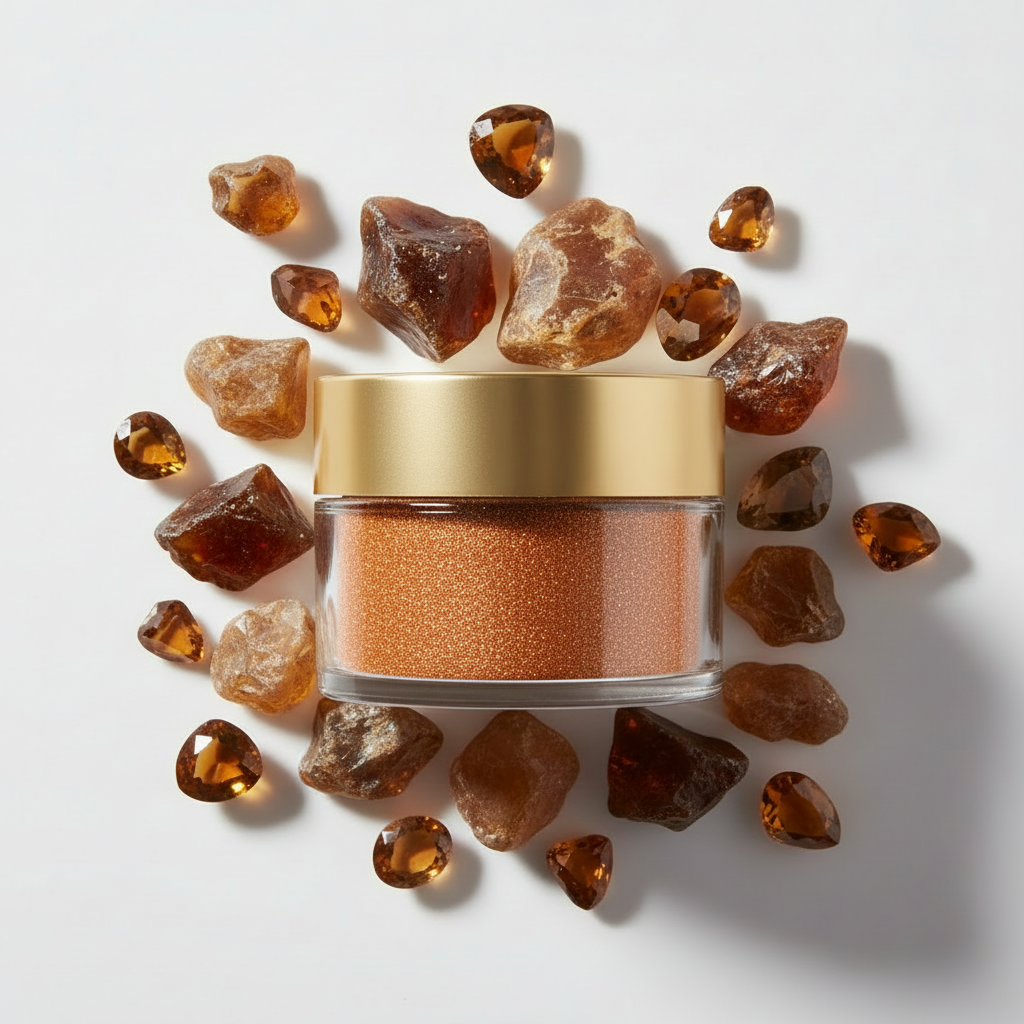 Flat lay pigmento cobre brillante rodeado de piedras cobre