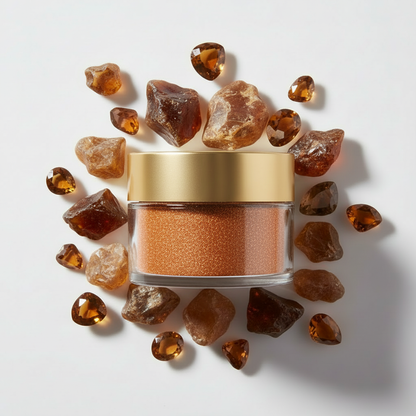 Flat lay pigmento cobre brillante rodeado de piedras cobre