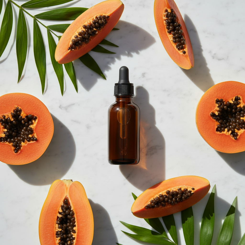 Flat lay extracto de papaya rodeado de fruta tropical