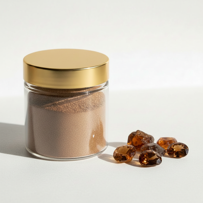 Frasco de pigmento bronze brillante con tapa dorada y piedras naturales