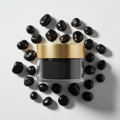 Flat lay pigmento negro intenso rodeado de piedras negras