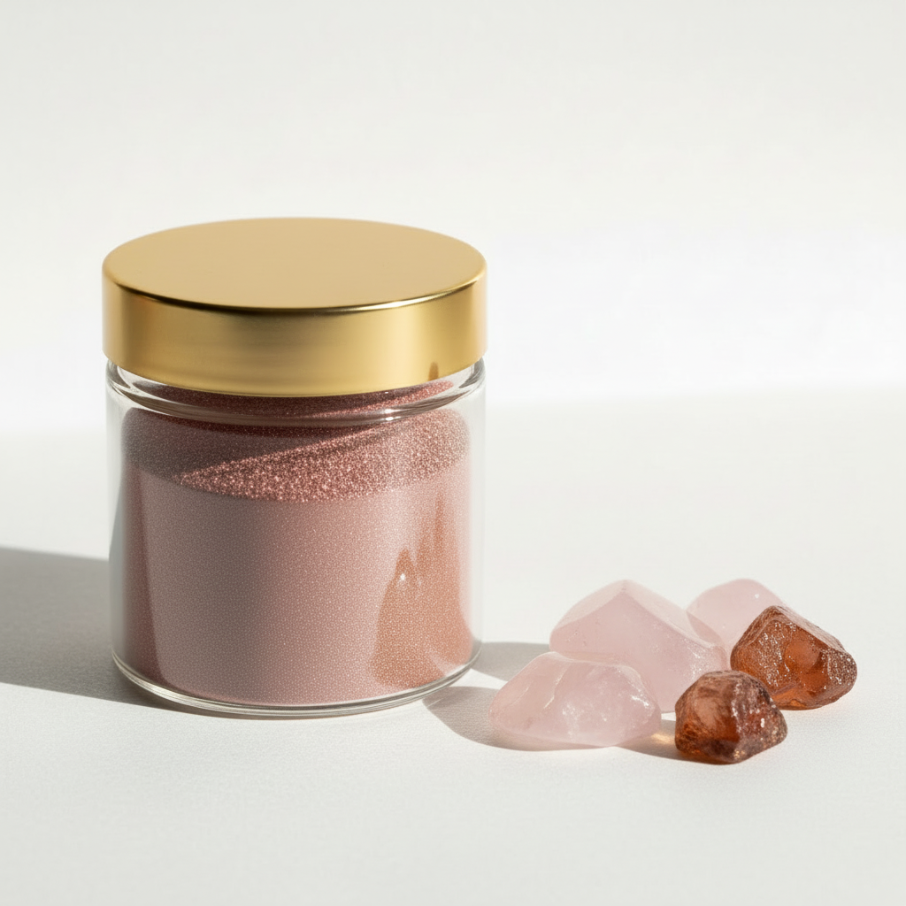 Frasco de pigmento sienna con tapa dorada y piedras naturales