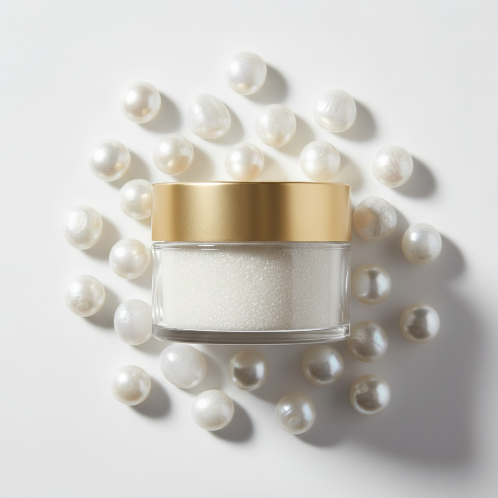 Flat lay mica filler rodeado de piedras blancas