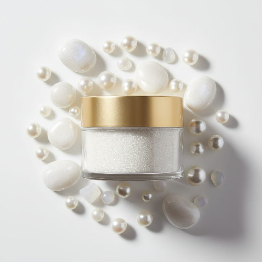 Flat lay pigmento iluminador halo blanco rodeado de piedras blancas