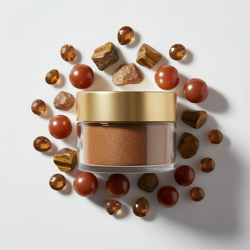 Flat lay pigmento bronze brillante rodeado de piedras bronce