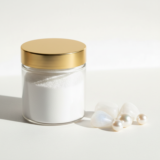 Frasco de pigmento iluminador halo blanco con tapa dorada y piedras naturales