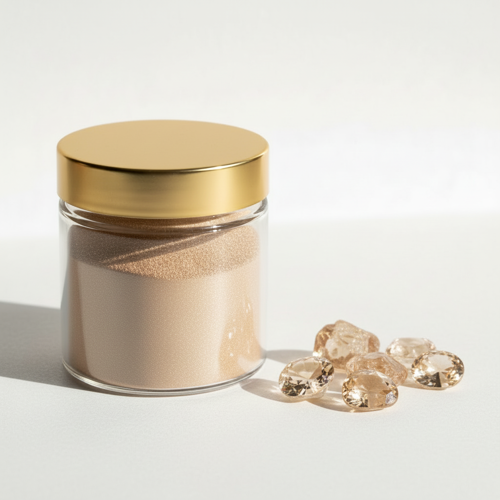 Frasco de pigmento dorado suave con tapa dorada y piedras naturales