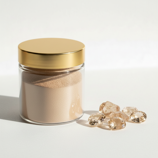 Frasco de pigmento dorado suave con tapa dorada y piedras naturales